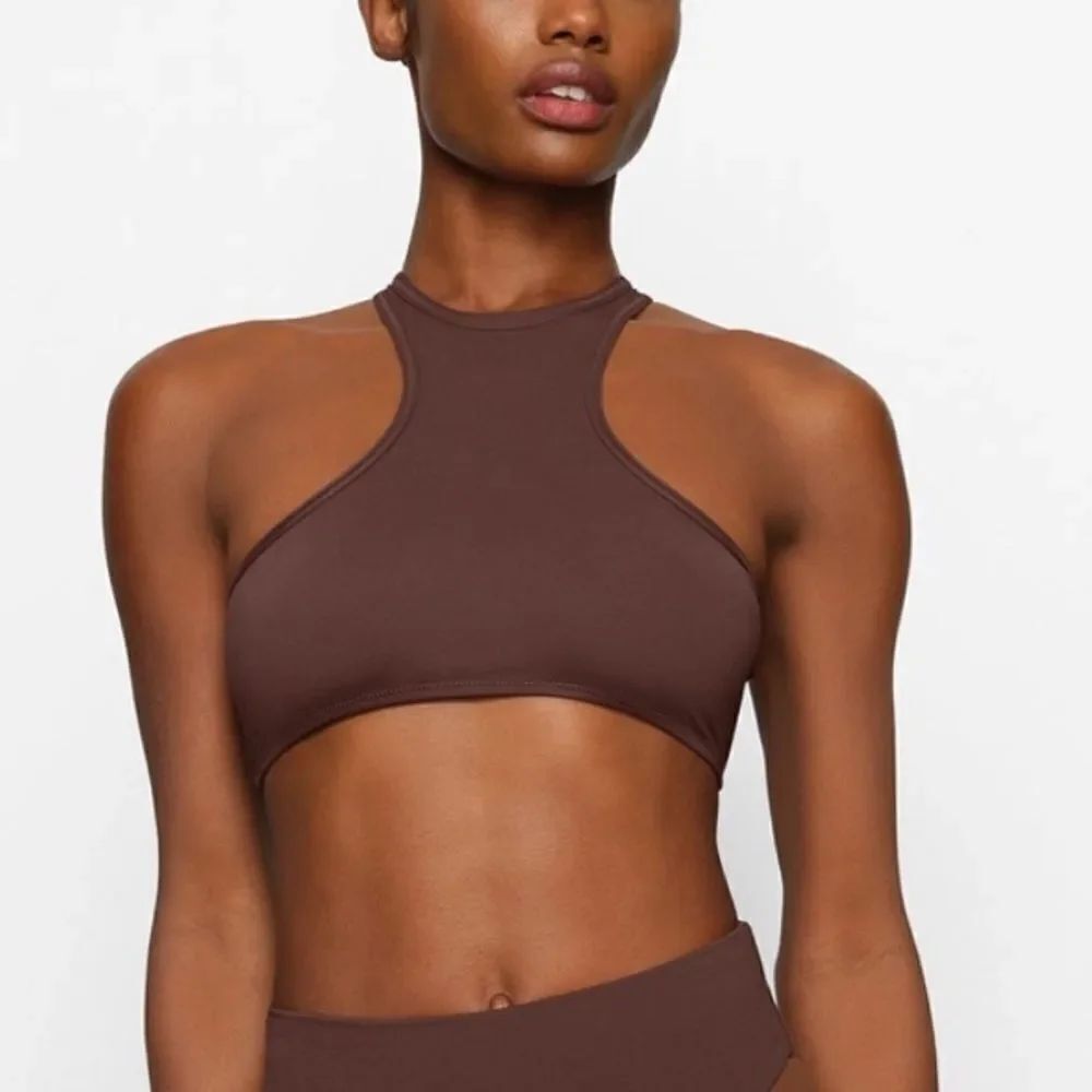 SKIMS NWT Recycled Swim High Neck RacerBack Swim Top In Cocoa Brown Swim Bikini